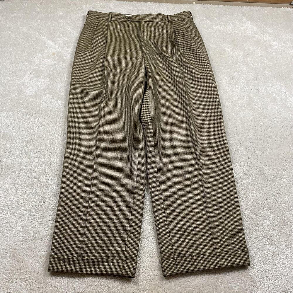 Super100's Pants Mens 35x29 Brown Wool Check Pleated Dress Trousers Tweed Winter